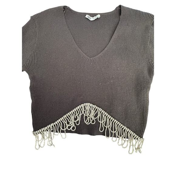 ZARA Gray Ribbed Knit Cropped Sweater w/ Pearl Rhinestone Fringe Hem - Size M - Picture 9 of 12